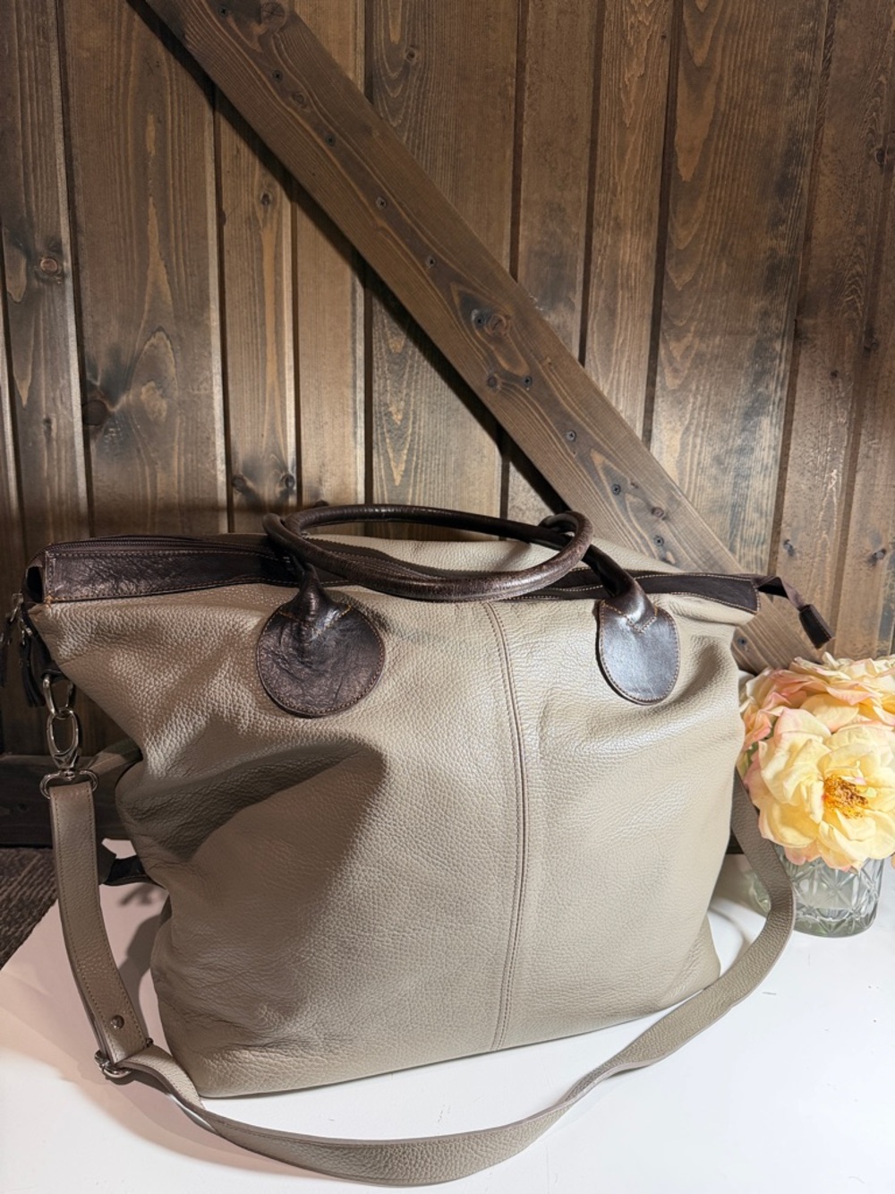 Valentina Taupe Genuine Leather Duffel Bag with Dark Brown Trim